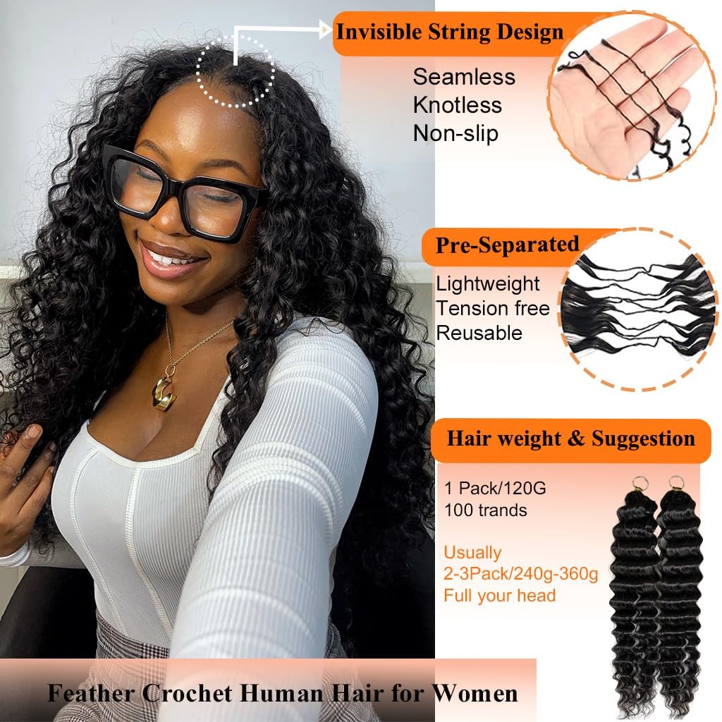 16-Inch Human Hair Feather Crochet Hair for Black Women - Knotless & Reusable