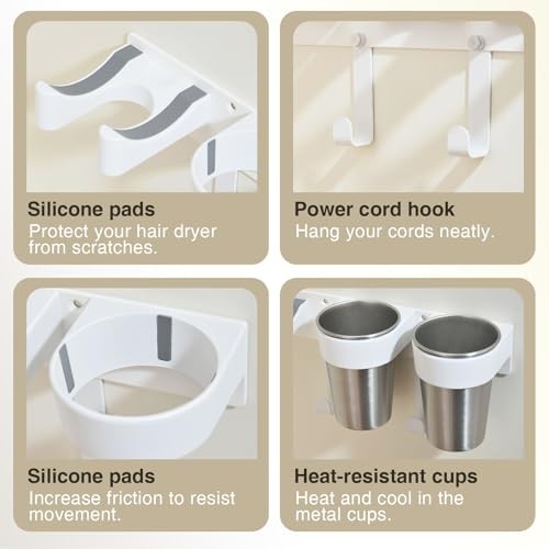 Wall Mount Hair Tool Organizer with Hooks and Stainless Steel Cup