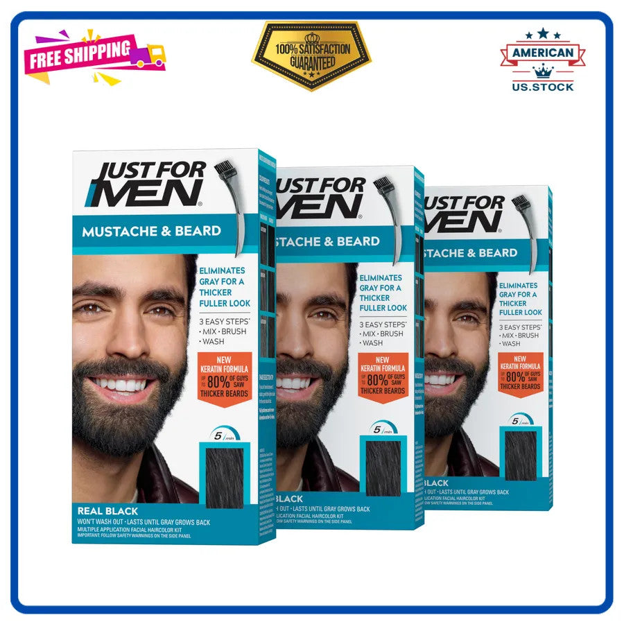 Beard & Mustache Dye Kit Black M-55 3-Pack - Natural Color, Keratin Enriched