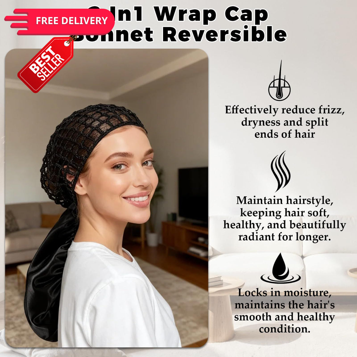 2 Pack Black 2-in-1 Hair Wrap Cap and Bonnet for Silk Press & Natural Hairstyles