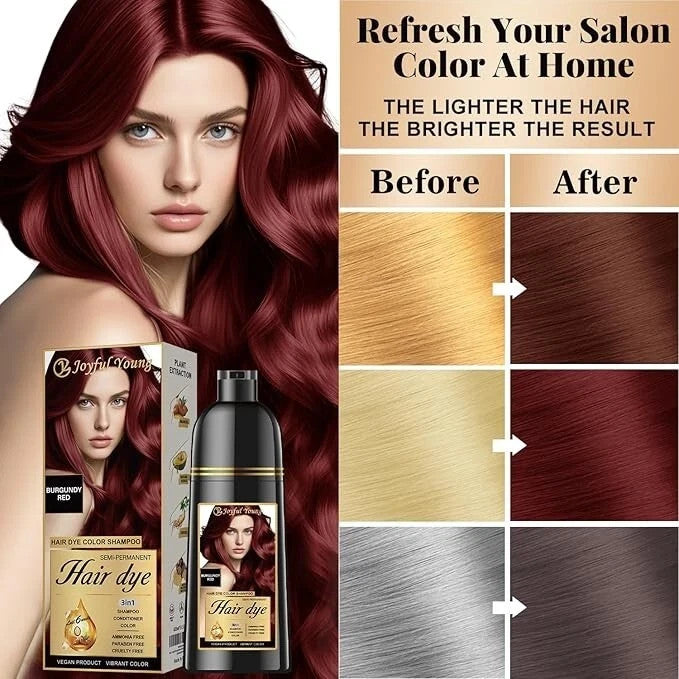 3-in-1 Burgundy Red Hair Dye Shampoo Gray Coverage Ammonia-Free