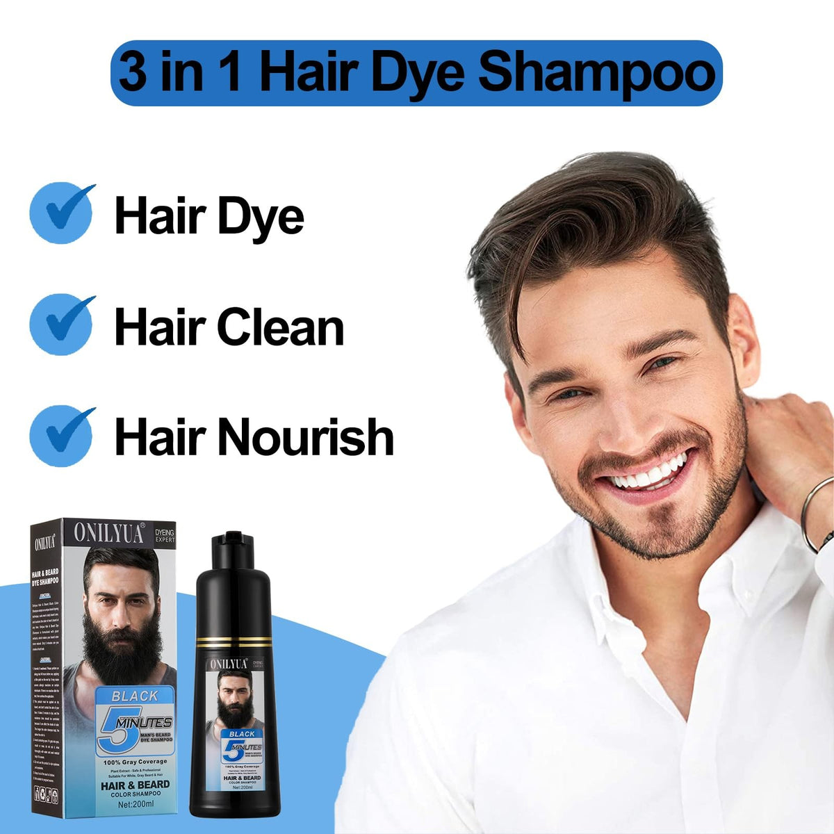 Men's Black Beard & Hair Dye for Gray Coverage, 3-in-1 Beard Shampoo, Long-Lasting, 200ML