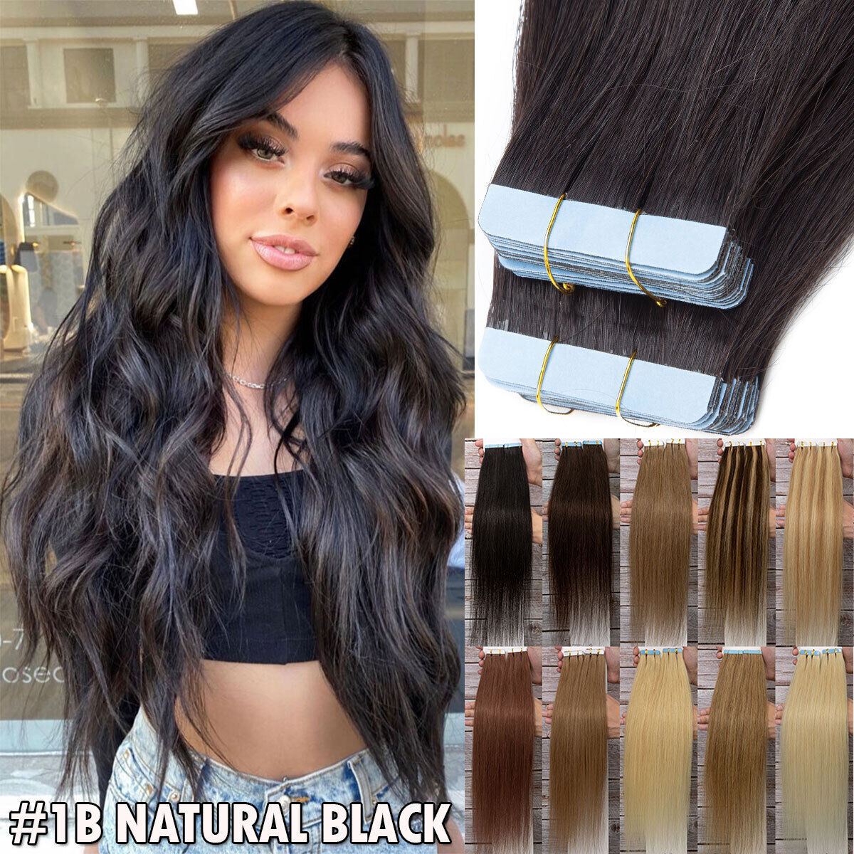 Human Hair Extensions Tape-In Full Head 22-Inch Balayage & Dark Colors
