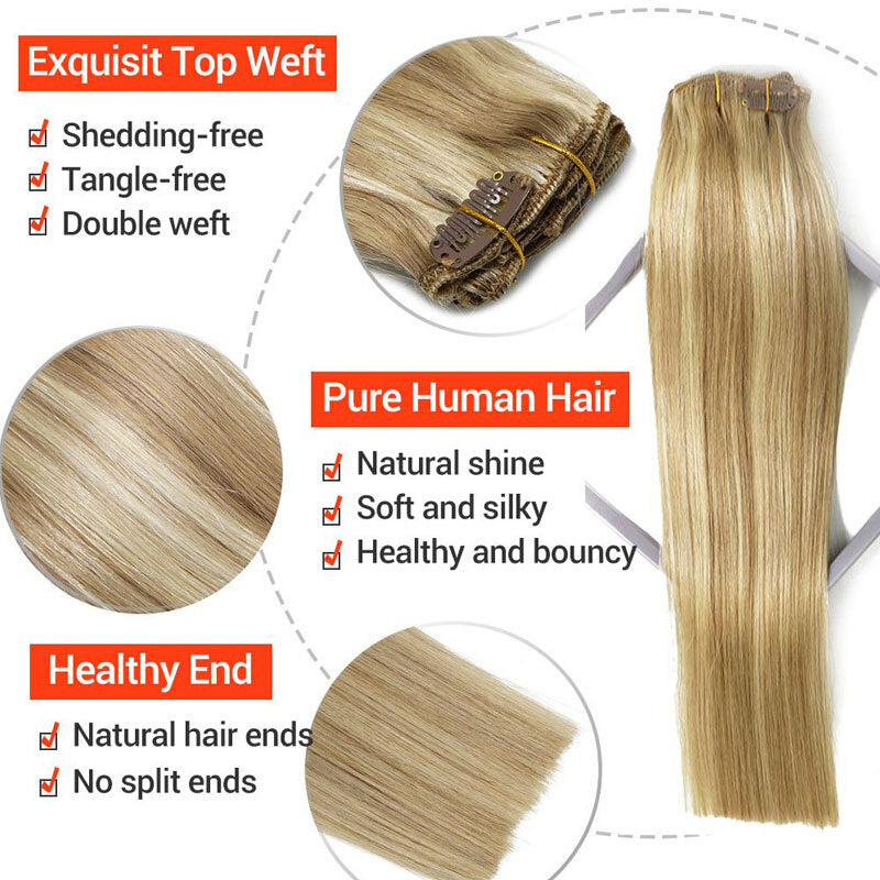 Double Drawn Human Hair Extensions Full Head Clip-In Weft Set - Brown
