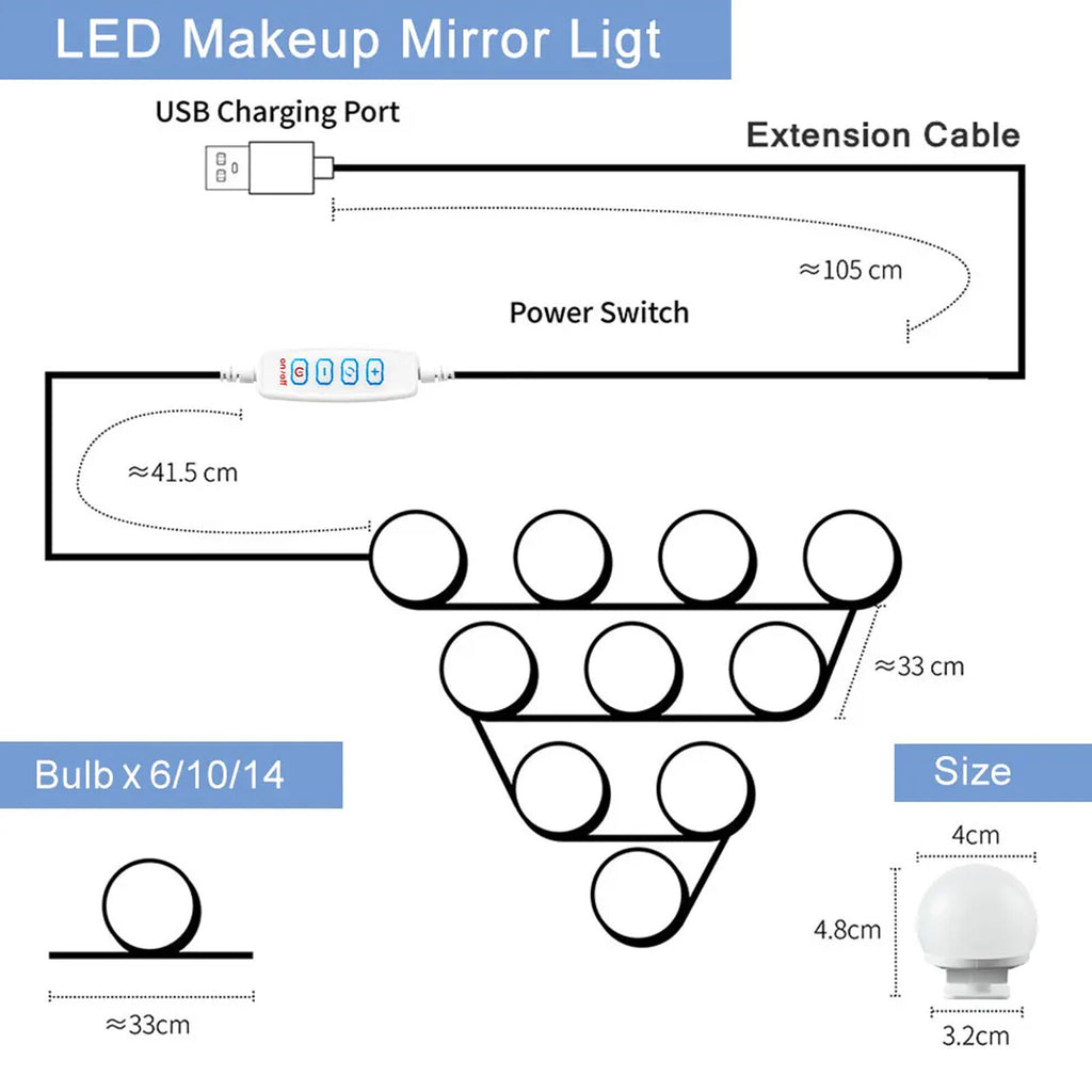 Dimmable LED Vanity Lights for Mirror - Hollywood Style with 10 Bulbs