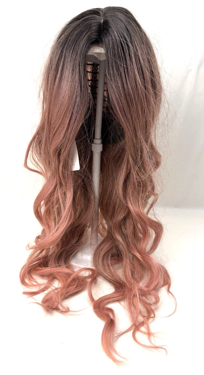 Long Pink Ombre Wavy Wig 26 Inch Synthetic Hair with Middle Part & Adjustable Cap