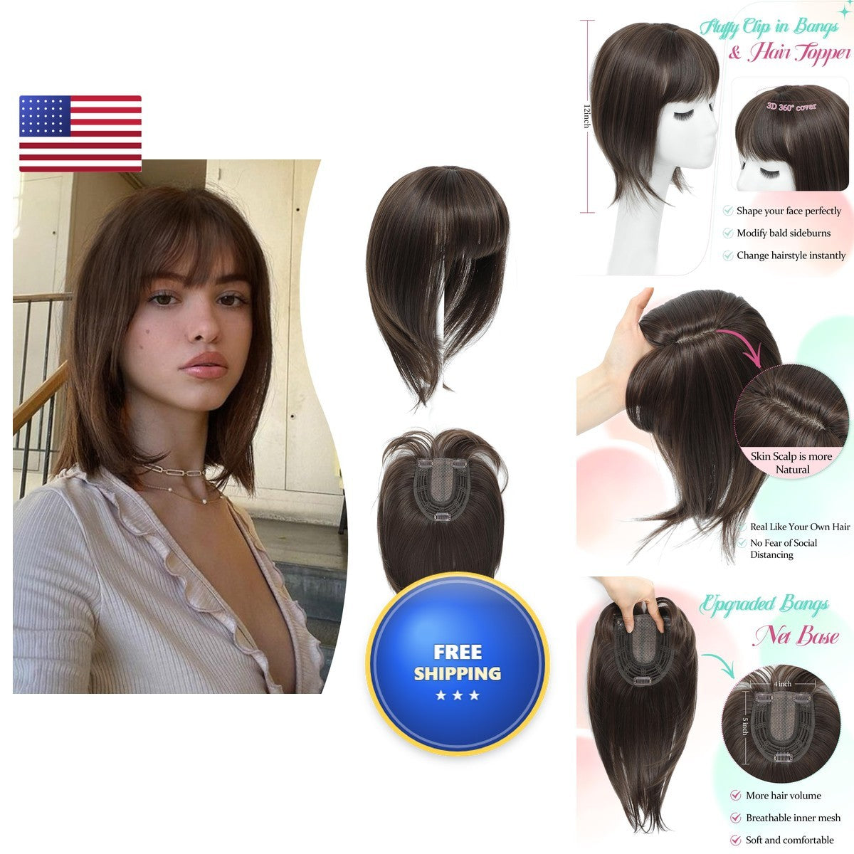 12-Inch Synthetic Clip-In Bangs Hair Topper - 360 Full Coverage, Straight