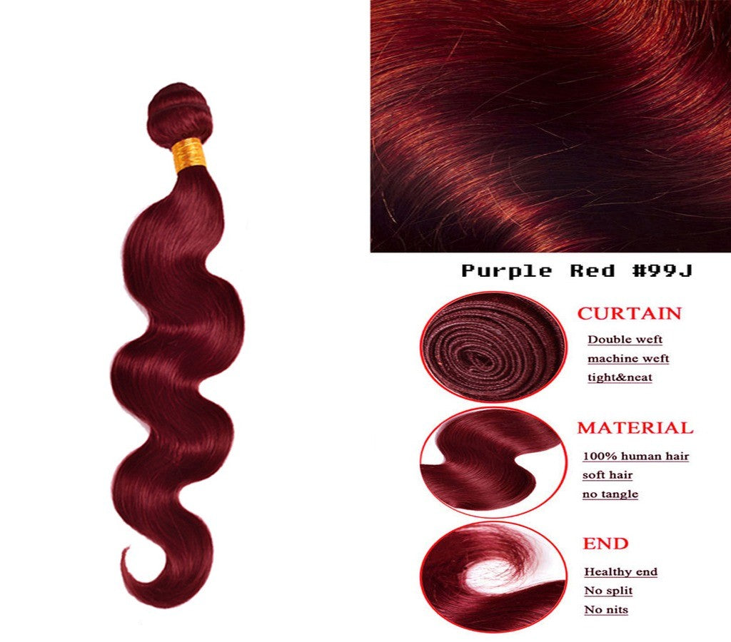 Human Hair Extensions Burgundy 99J Multiple Lengths & Textures - Full Bundle