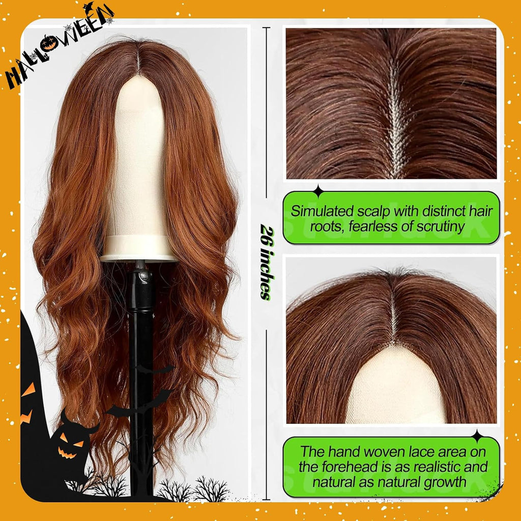 Long Ombre Auburn Wavy Wig for Women - 26 Inch Curly Synthetic Hair