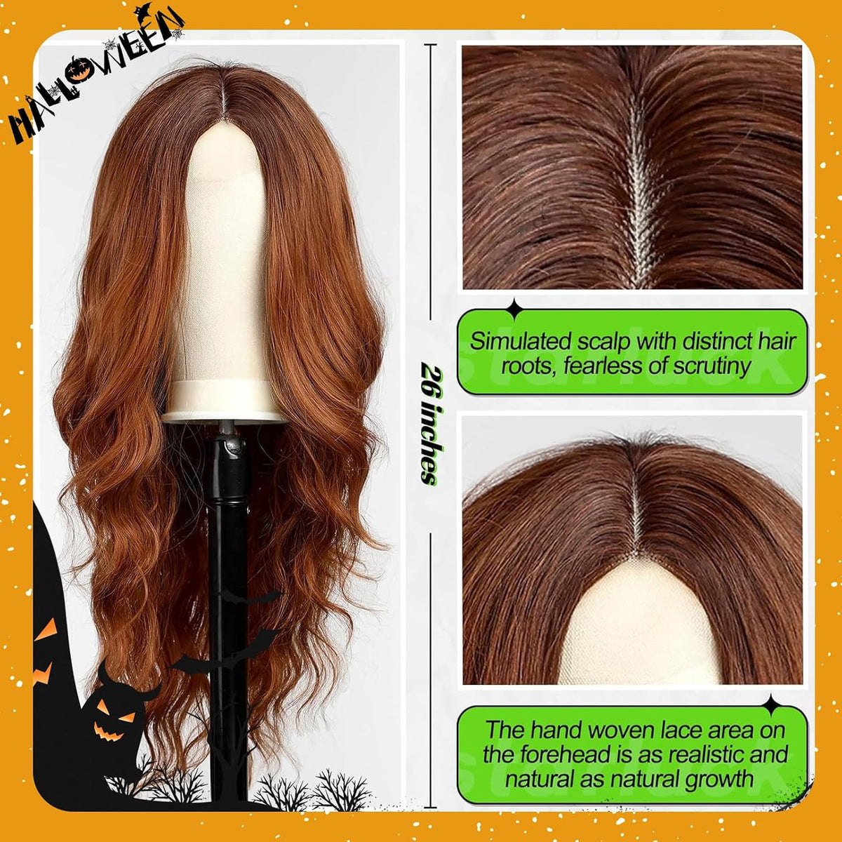 Long Ombre Auburn Wavy Wig for Women - 26 Inch Curly Synthetic Hair