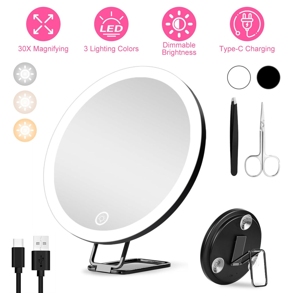 30X Magnifying Lighted Makeup Mirror with 3 Color LEDs – Adjustable Brightness