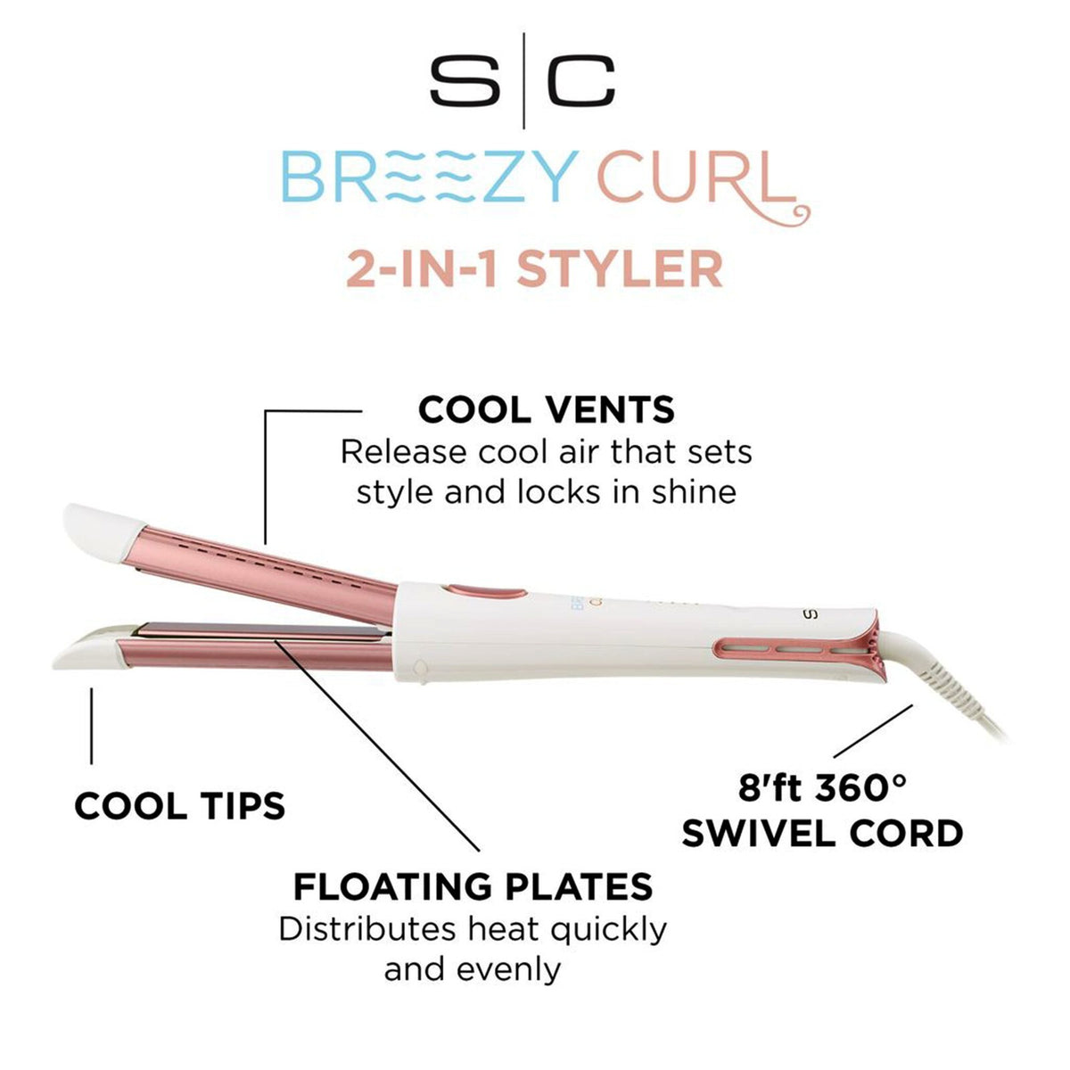 2-in-1 Cool Air Curling Iron & Flat Iron Hair Styler - Ceramic Tourmaline