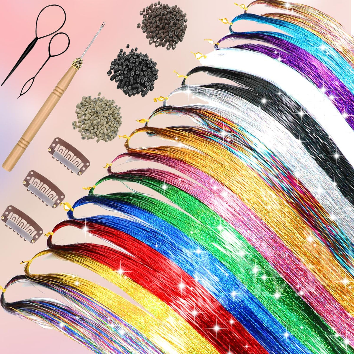 16-Color Hair Tinsel Kit with 7600 Strands and Accessories for Festival & Party