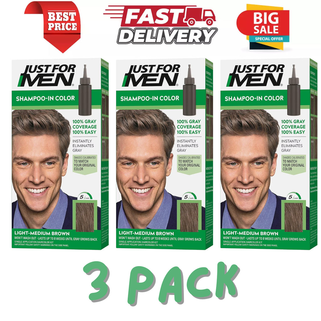 Hair Dye Shampoo-In Light Medium Brown for Men - 3 Pack