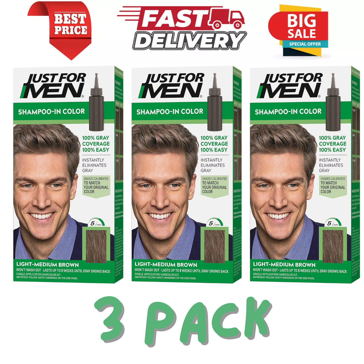 Hair Dye Shampoo-In Light Medium Brown for Men - 3 Pack
