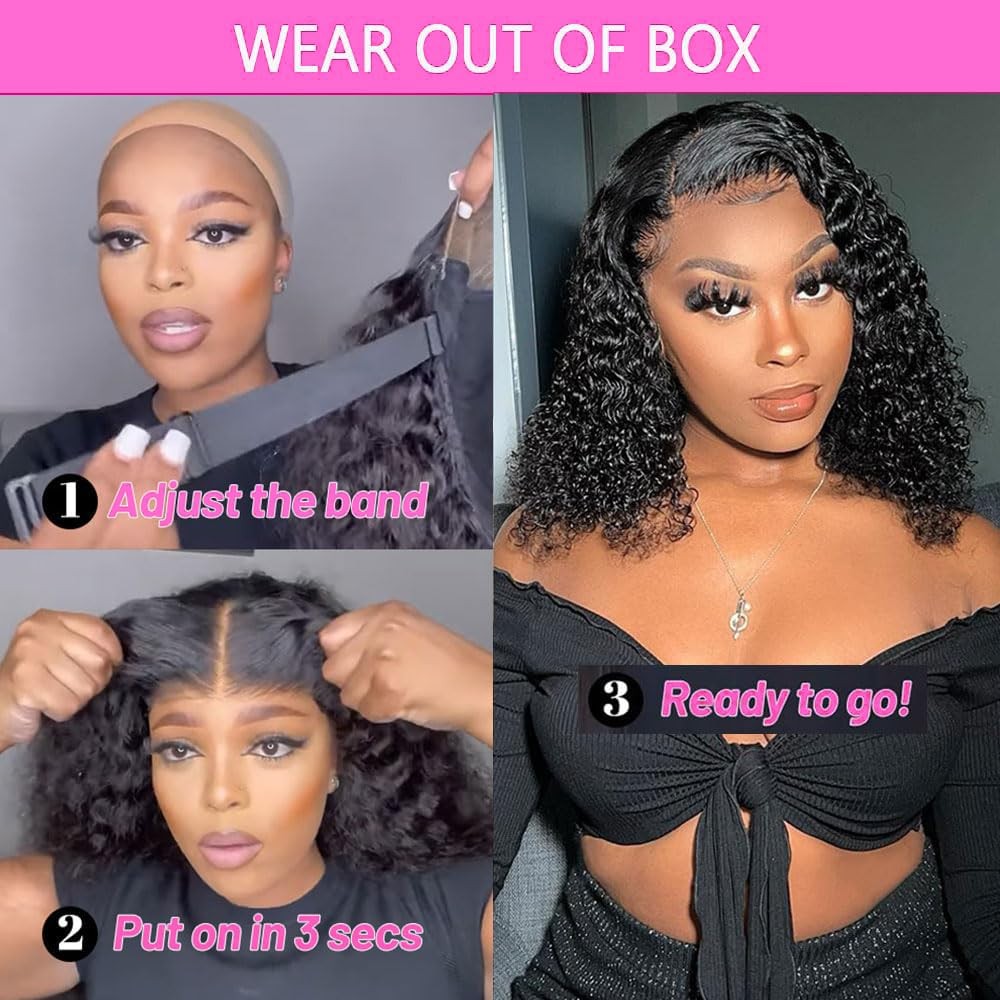 Glueless Human Hair Curly Bob Wig Deep Wave Pre Plucked Pre Cut 4x4 Closure