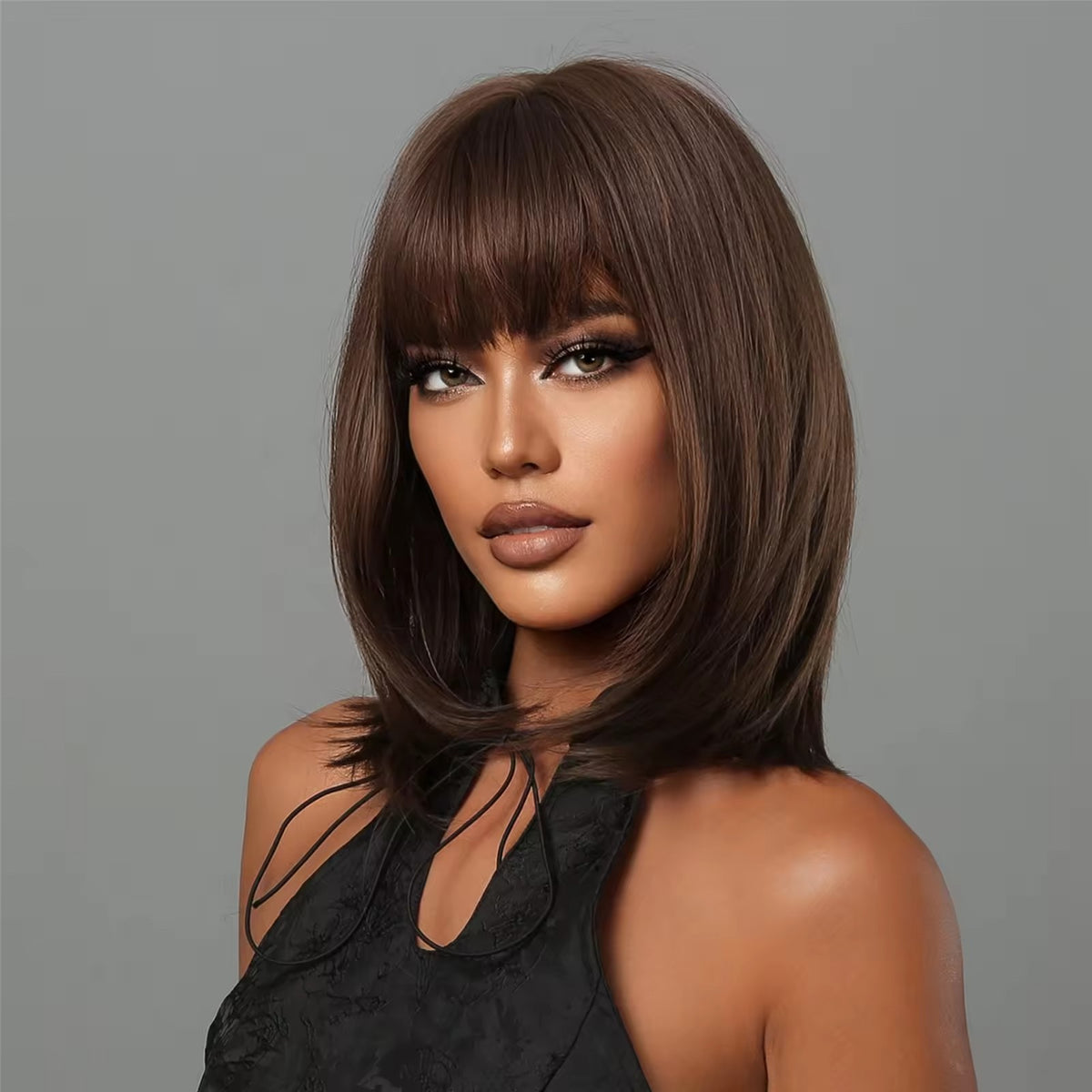 Dark Brown Synthetic Cosplay Wig with Bangs - Heat Resistant Bob Style