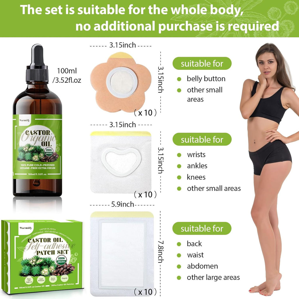 Castor Oil Patches Kit with Organic Cold-Pressed Castor Oil - Multiple Sizes