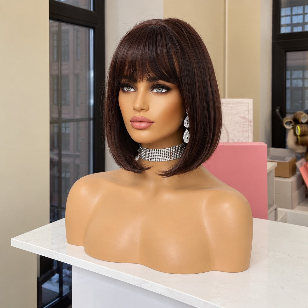 Women Short Straight Costume Wigs with Bangs - Dark Brown Synthetic Hair