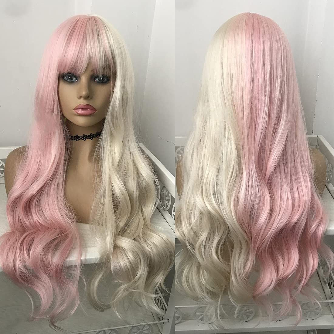 Pink Blonde Long Curly Wavy Cosplay Wig with Bangs - Synthetic Party Costume Accessory