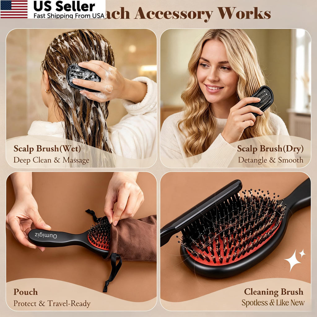 Boar Bristle Hair Brush for Detangling & Styling - Large Black & Red