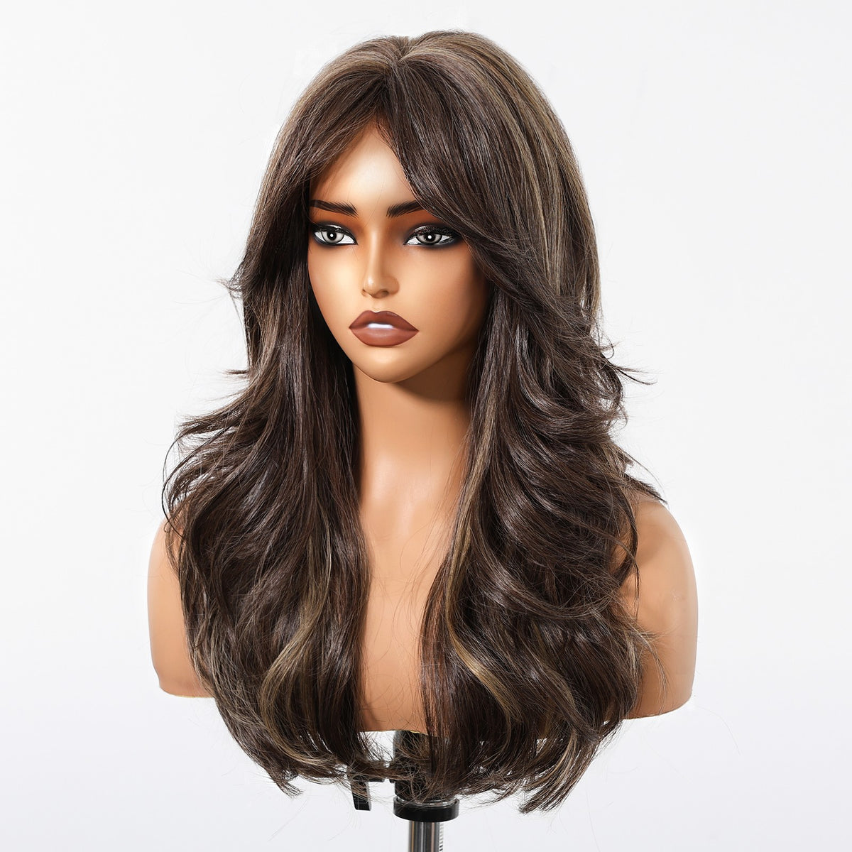 Women Cosplay Wig with Bangs, Long Wavy Synthetic Hair, Heat-Resistant Brown
