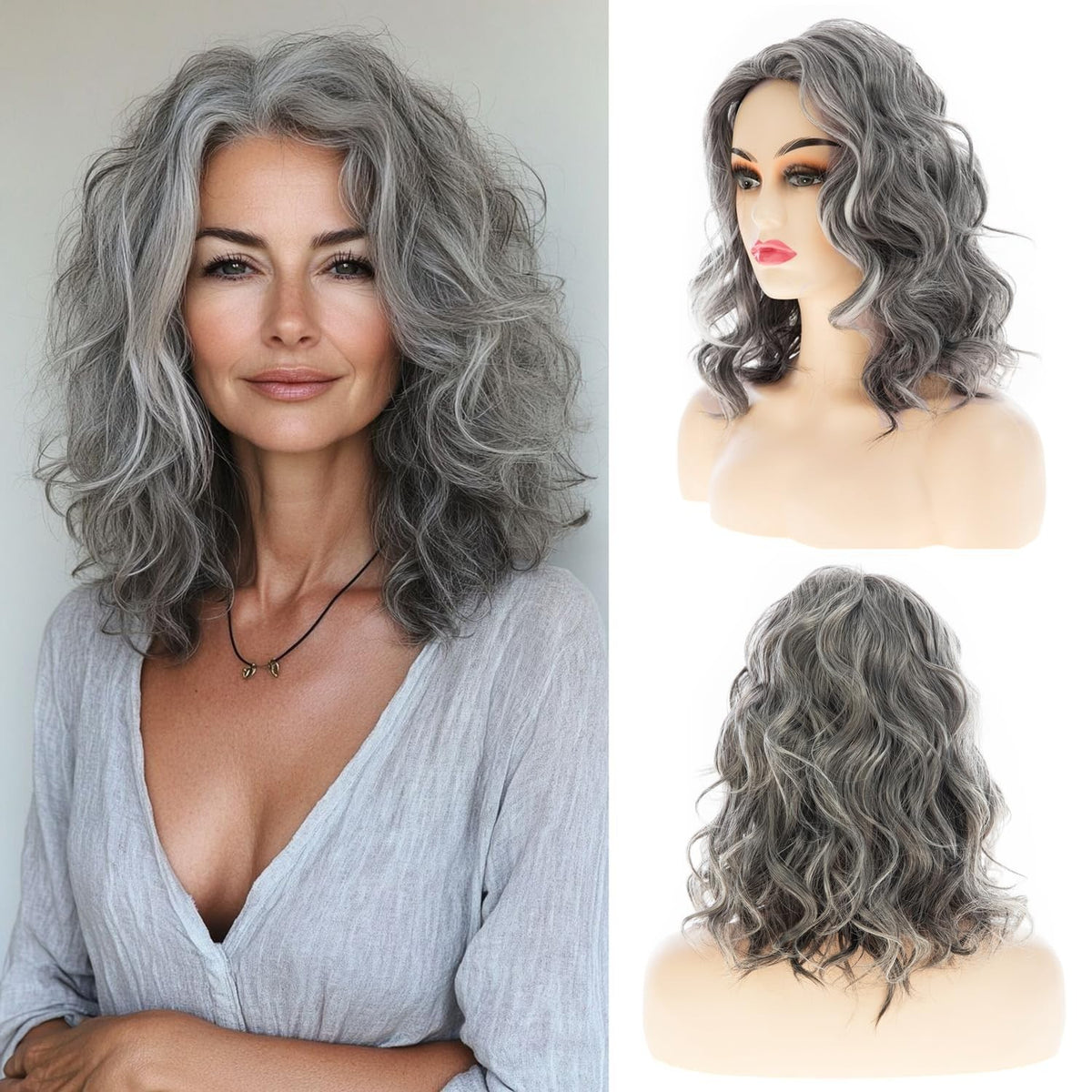 Womens Curly Wavy Synthetic Wig - Medium Long Grey Hair for Parties