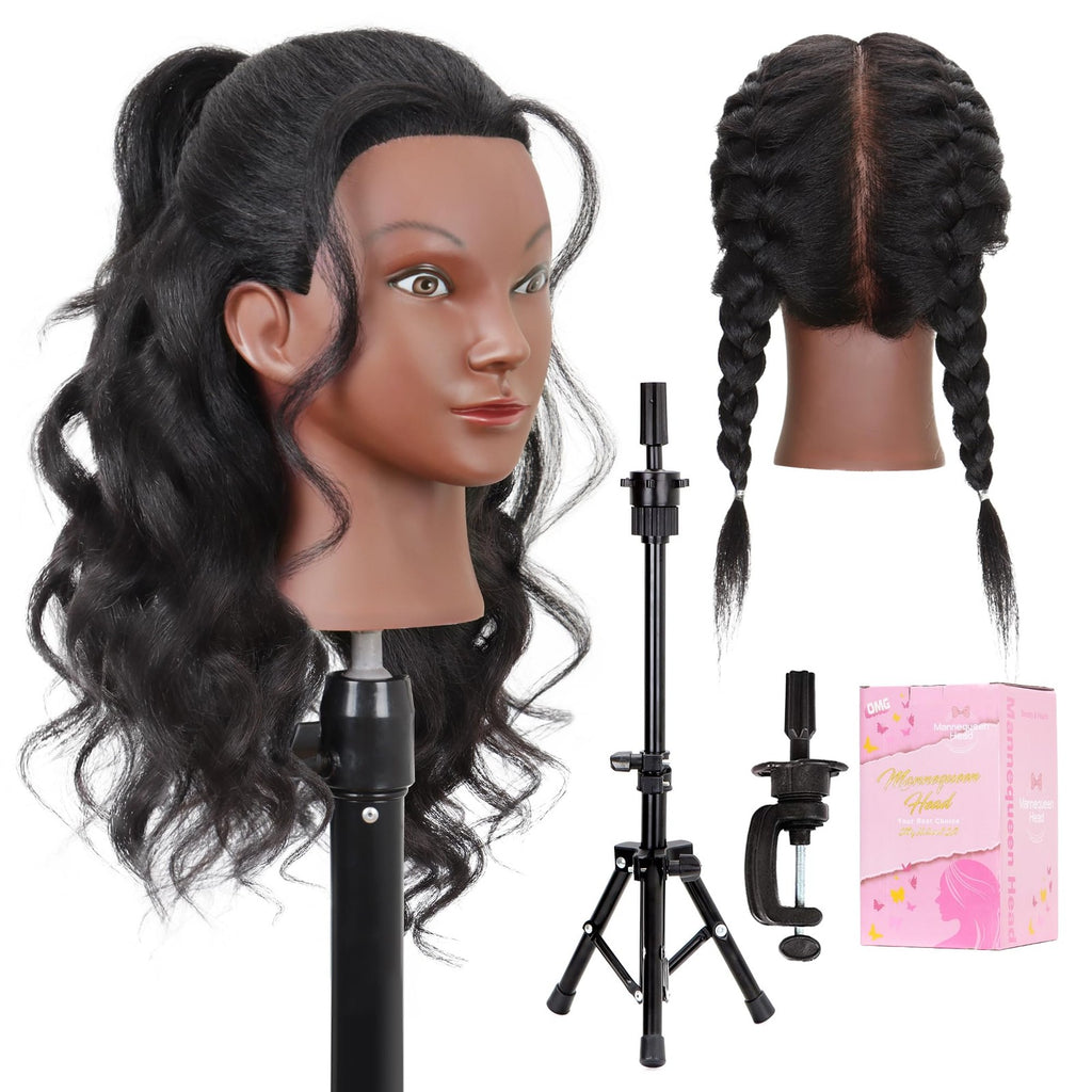 Mannequin Head with Human Hair 16 Inch Tripod Set for Hair Styling & Education