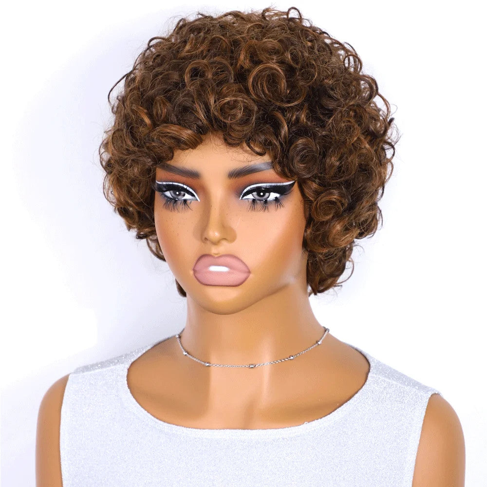 Brazilian Afro Puff Pixie Bob Wig for Women - Natural Brown Human Hair
