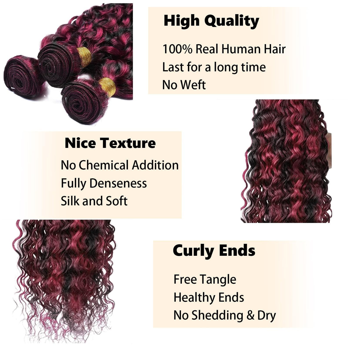 Brazilian Human Hair Bundles 18-22 Inch Jerry Curly Burgundy P1B/99J