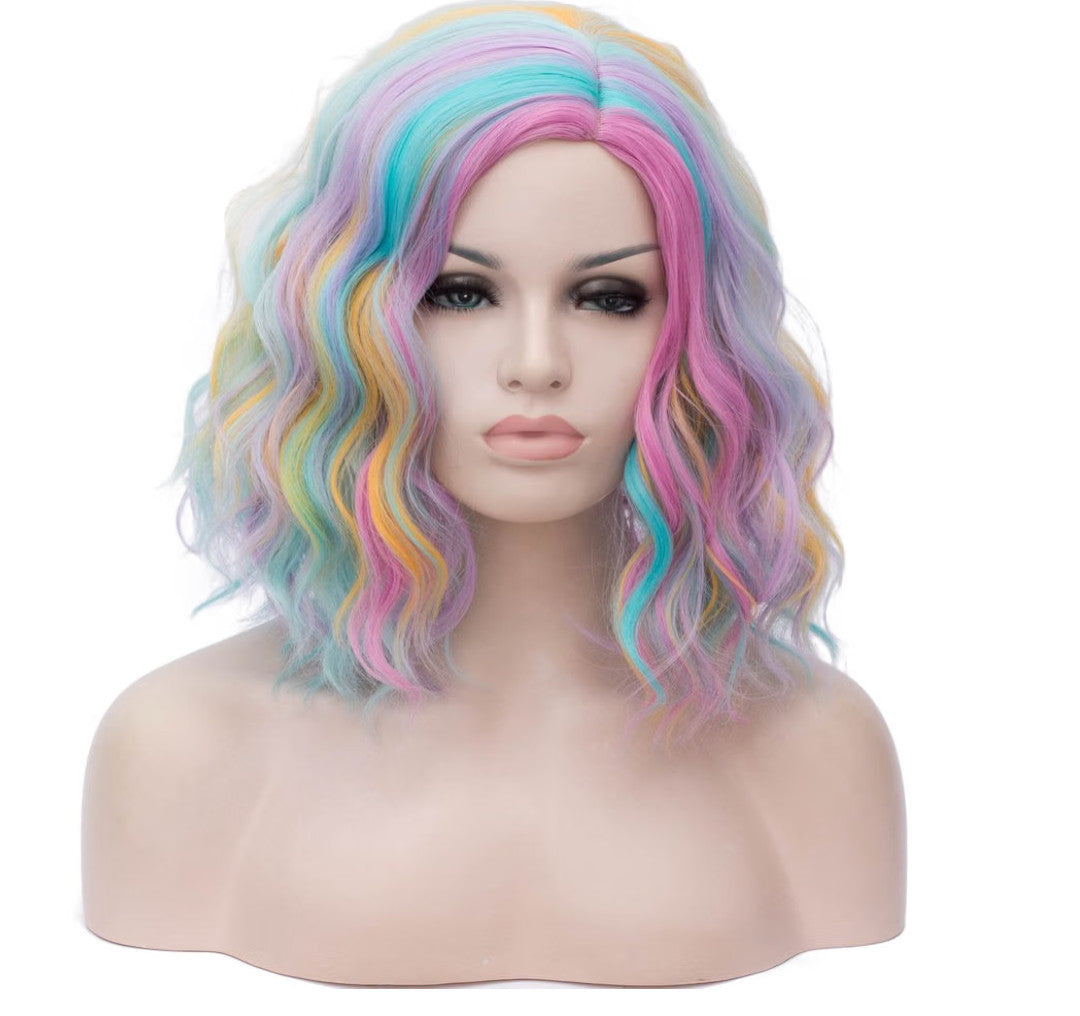 Wavy Synthetic Rainbow Wig 12 Inch Colorful Costume Hair for Parties & Cosplay