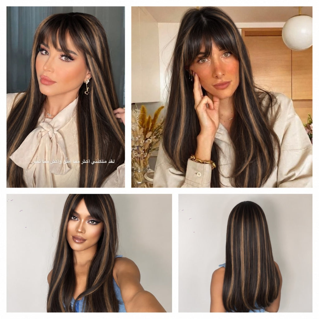 Long Straight Black Brown Synthetic Wig with Bangs for Cosplay & Fashion
