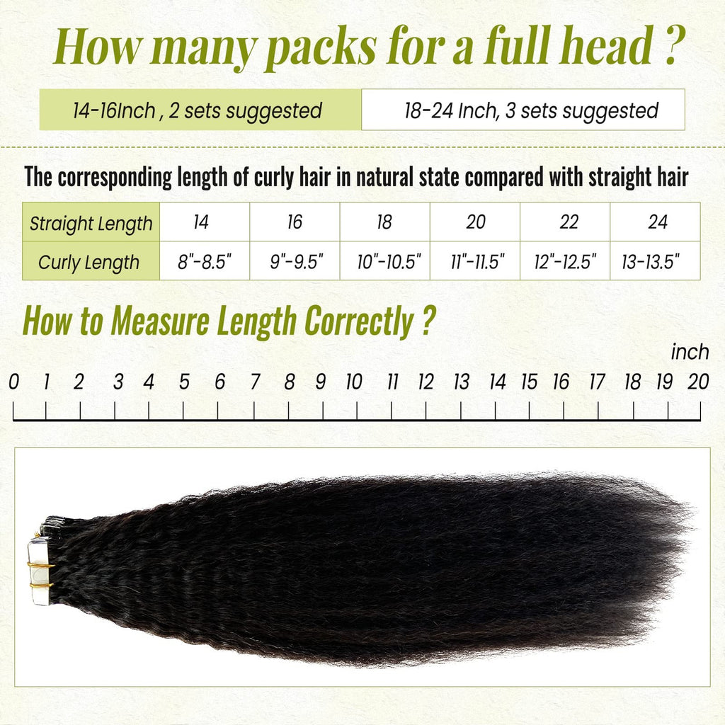 Human Hair Tape-In Extensions Kinky Straight Black for Women - 20 Inch