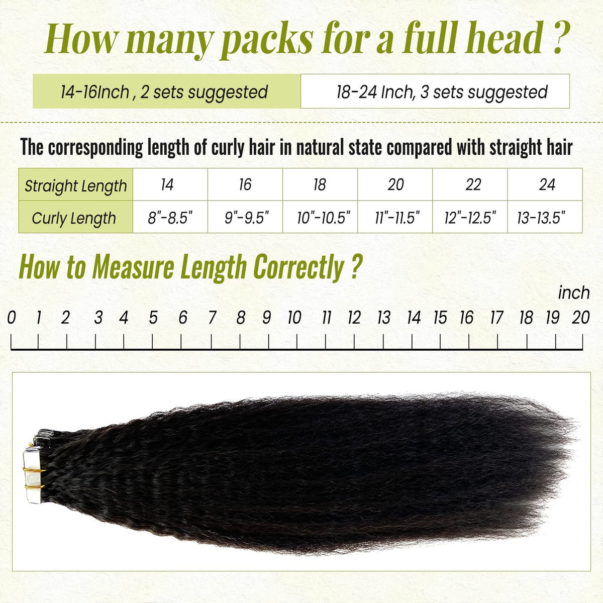 Human Hair Tape-In Extensions Kinky Straight Black for Women - 20 Inch