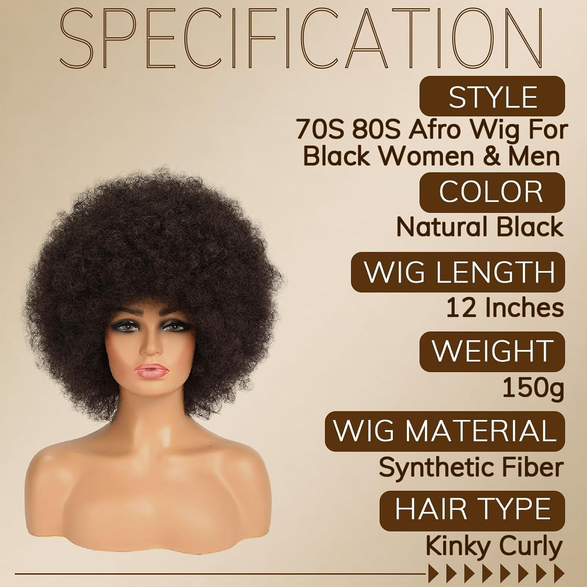 Short Kinky Curly Afro Wig with Bangs - Glueless, Natural Look for Black Women Men