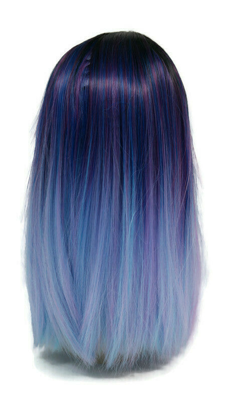 14-Inch Black and Blue Cotton Candy Wig with Cotton Candy Ends