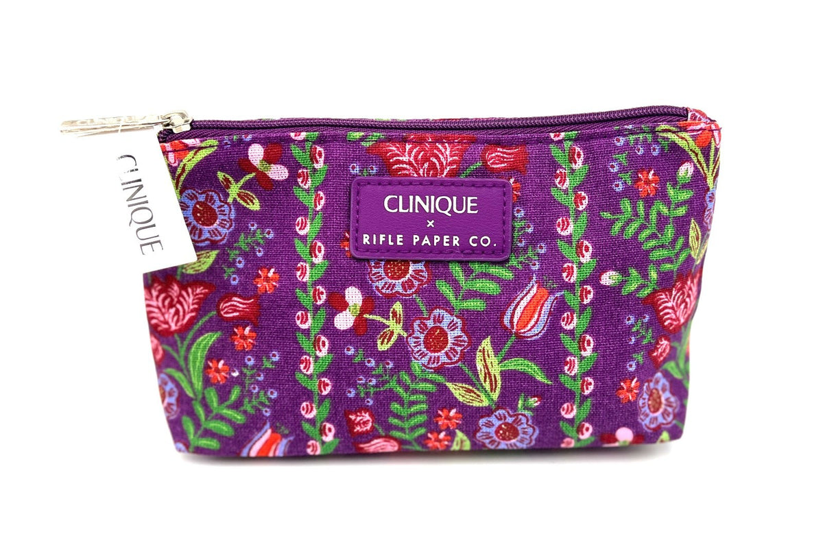 Clinique Rifle Paper Co. Makeup Bag with Floral Print - Purple, Set of 4