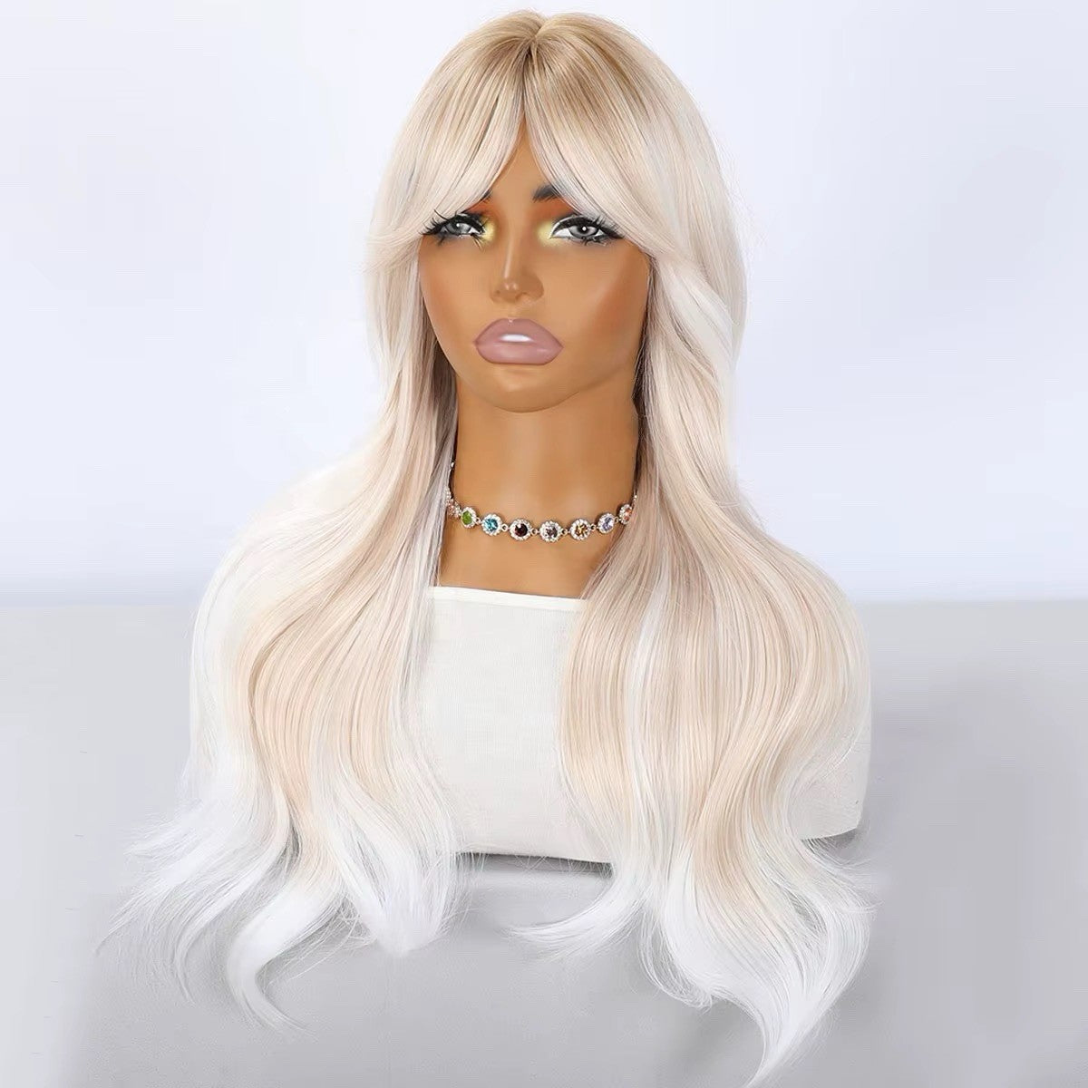 26-Inch White Transparent Lace Front Wig with Bangs for Cosplay Halloween