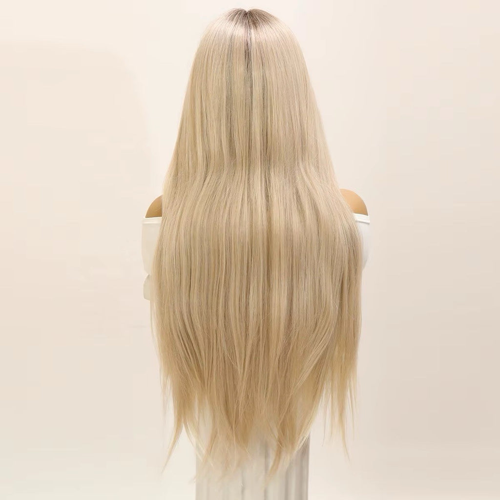 Women's 34-Inch Straight Blonde Wig with Dark Brown Roots Costume Hair Extension