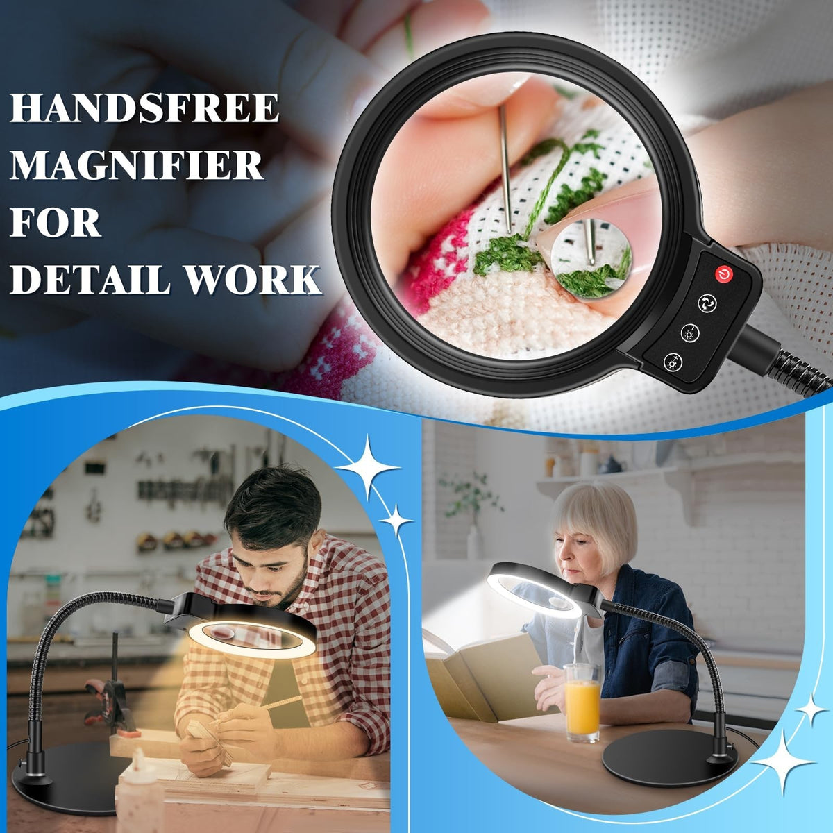 10X 30X LED Magnifying Glass with Light and Stand - Dimmable Desk Lamp for Crafts and Close Work