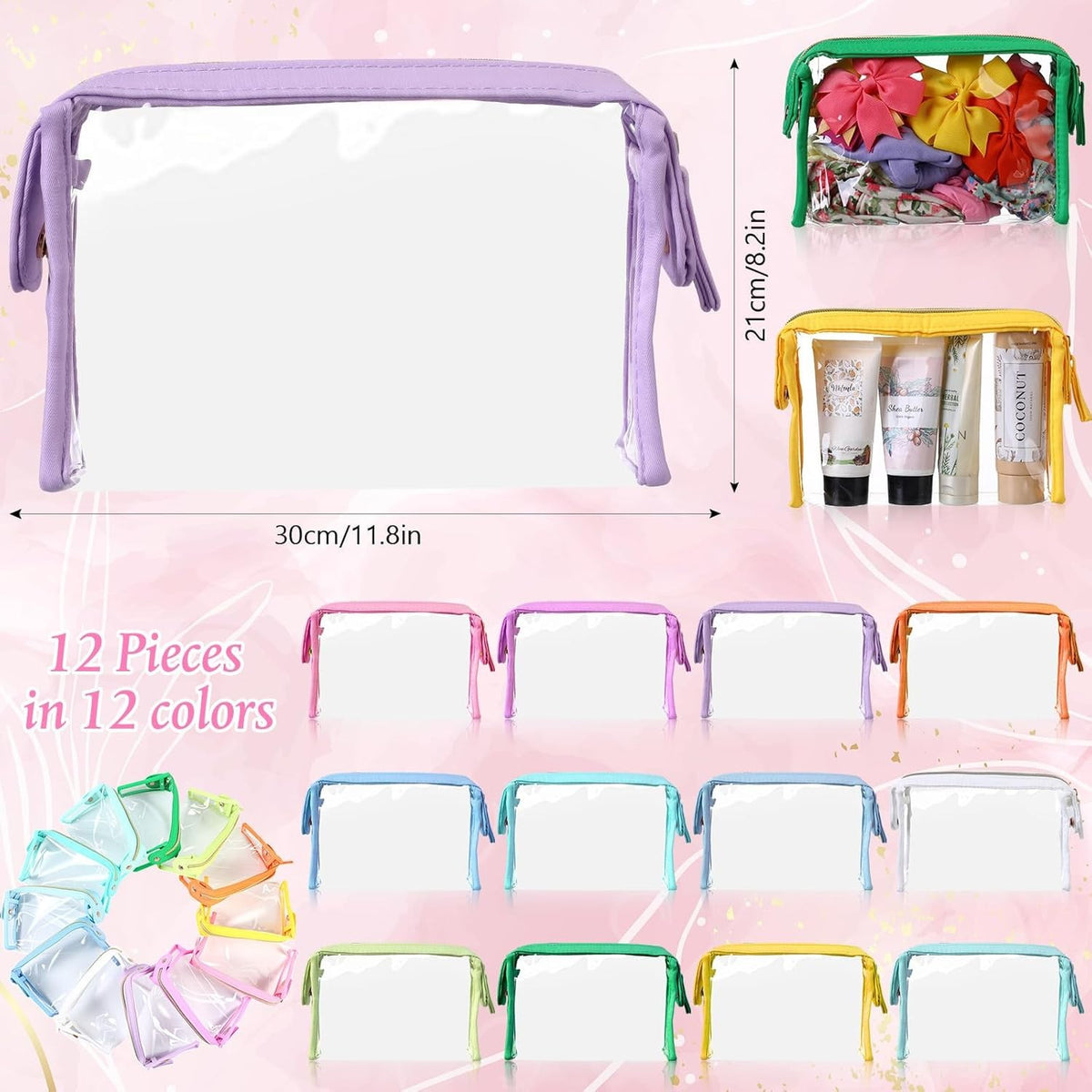 12 Pack Clear Waterproof Travel Toiletry Bags Organizer Assorted Colors