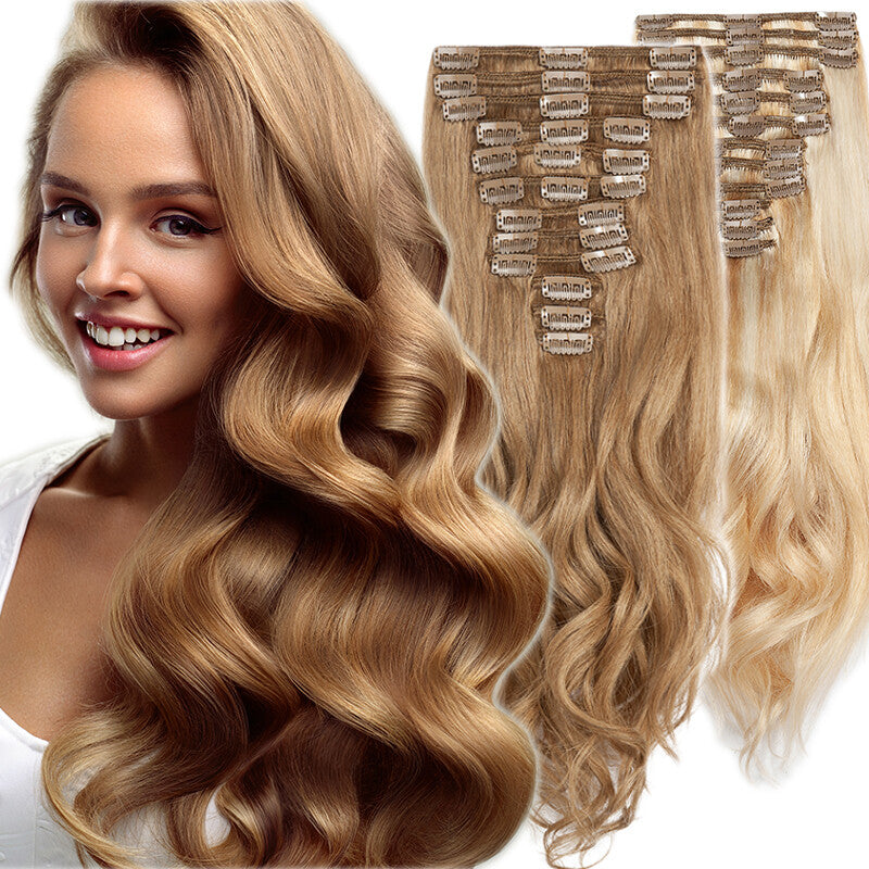 Double Drawn Human Hair Extensions Full Head Clip-In Weft Set - Brown