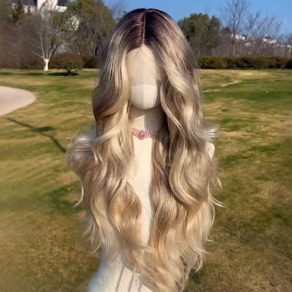26-Inch Blonde Highlight Body Wave Lace Front Wig - Wavy Synthetic Hair