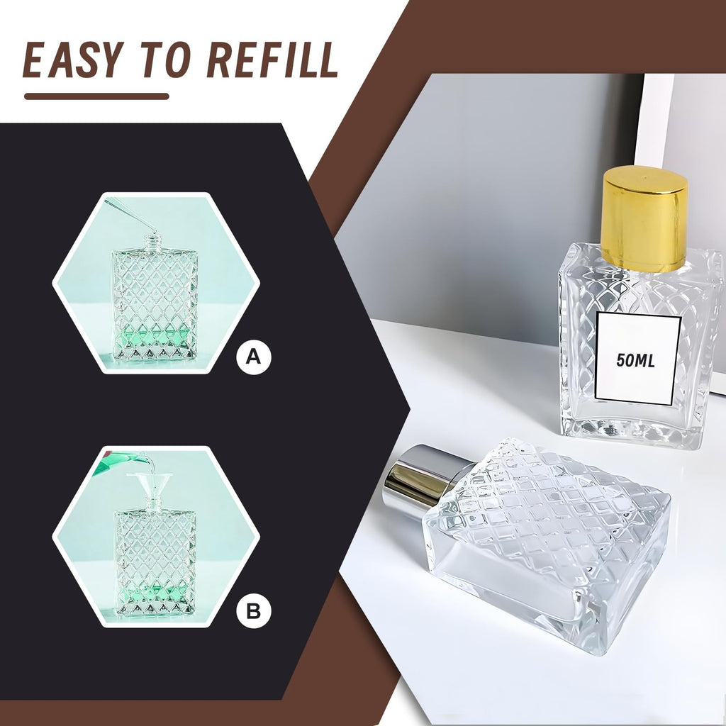 Refillable 50ml Glass Perfume Spray Bottle with Fine Mist Atomizer and Travel Accessories