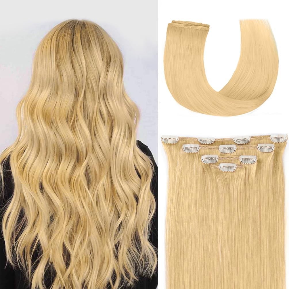 16-Inch Human Hair Clip-In Extensions Bleach Blonde #613 - Silky Straight