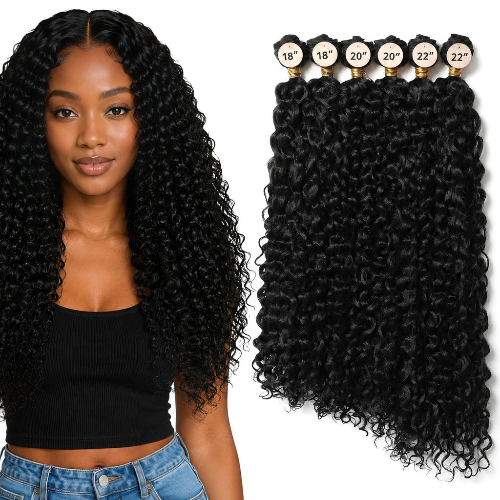 Kinky Synthetic Hair Weave Bundles - Natural Black, 18-22 Inch, Pack of 6