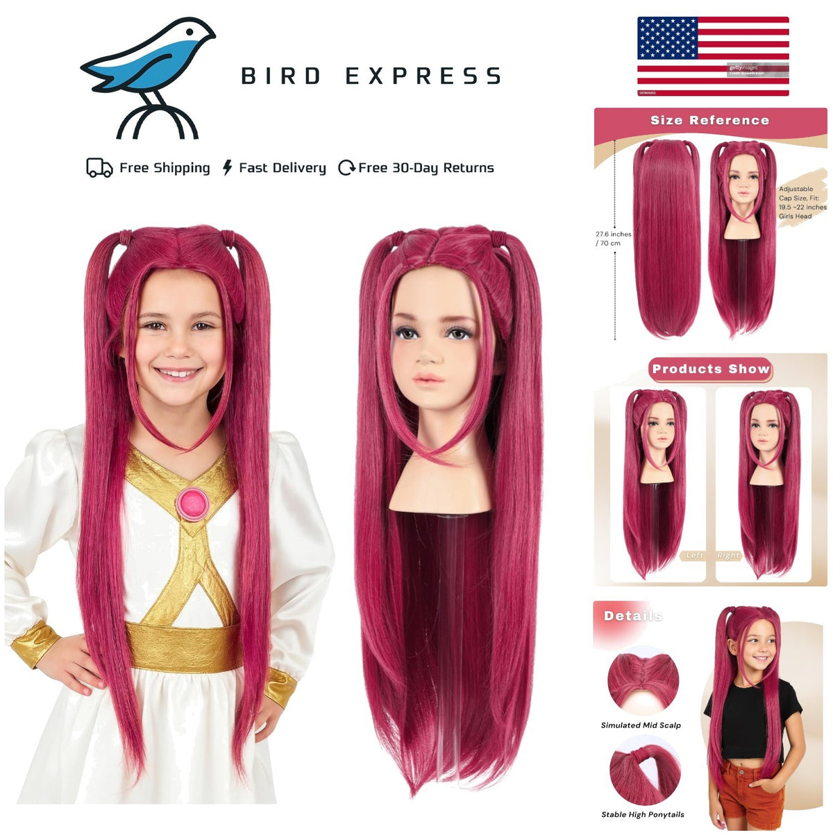Kids Pink Long Wavy Wig with Ponytails for Halloween Cosplay