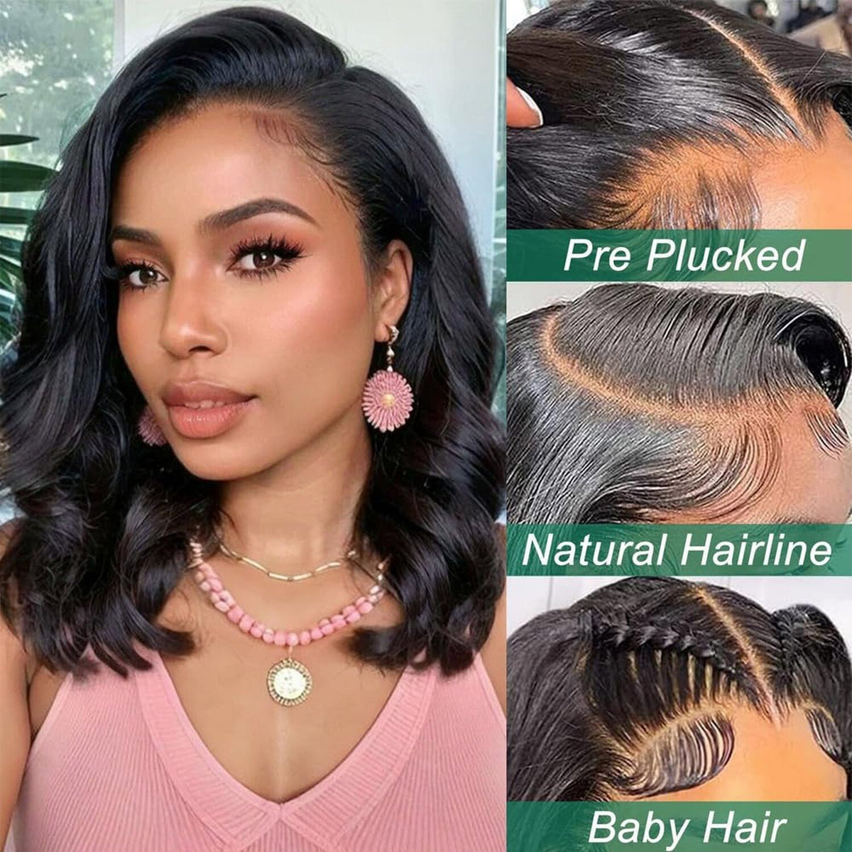 14-Inch Lace Front Bob Wig for Women Natural Black Body Wave Pre-Plucked