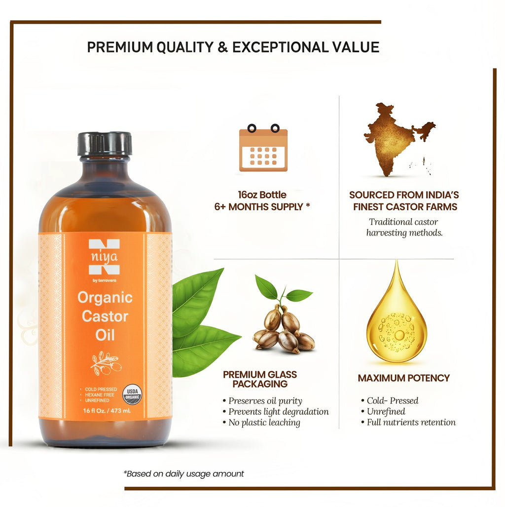 Organic Castor Oil for Hair Skin Nails - Cold Pressed 16oz Hexane-Free