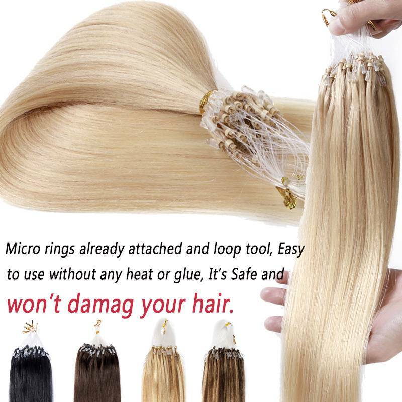 Human Hair Extensions Micro Loop Bead Rings - Real Remy Hair, Multiple Colors & Lengths